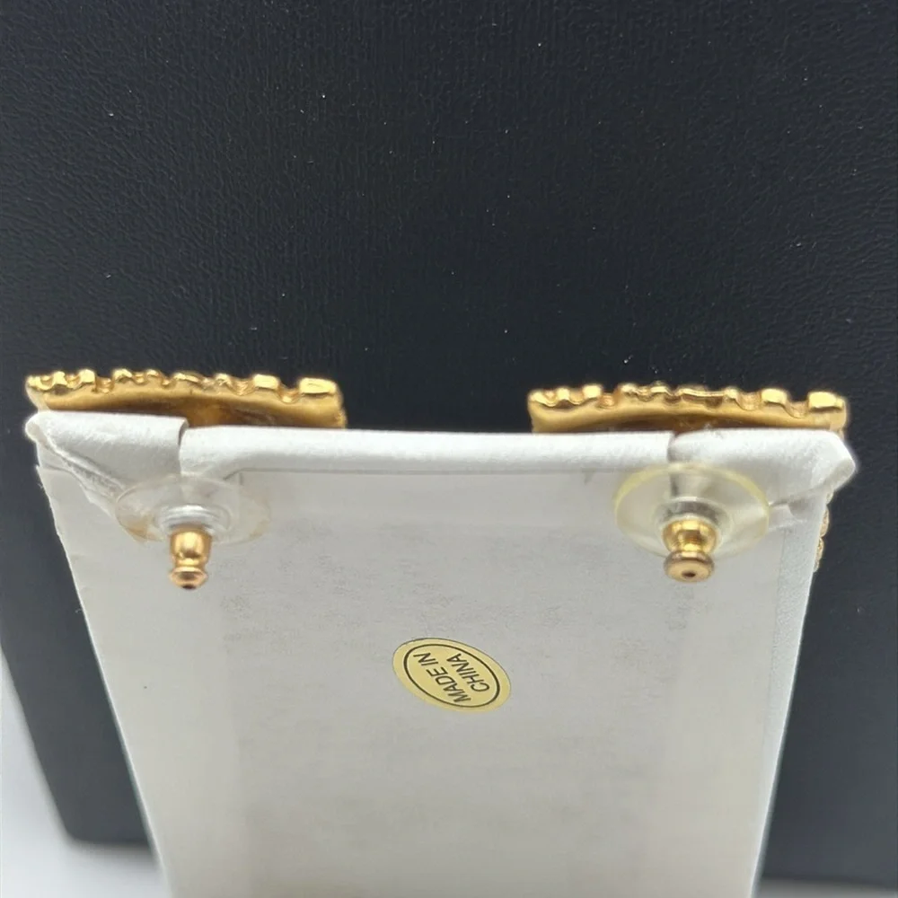 Gold tone square nugget statement bold classic pierced earrings designer vibes